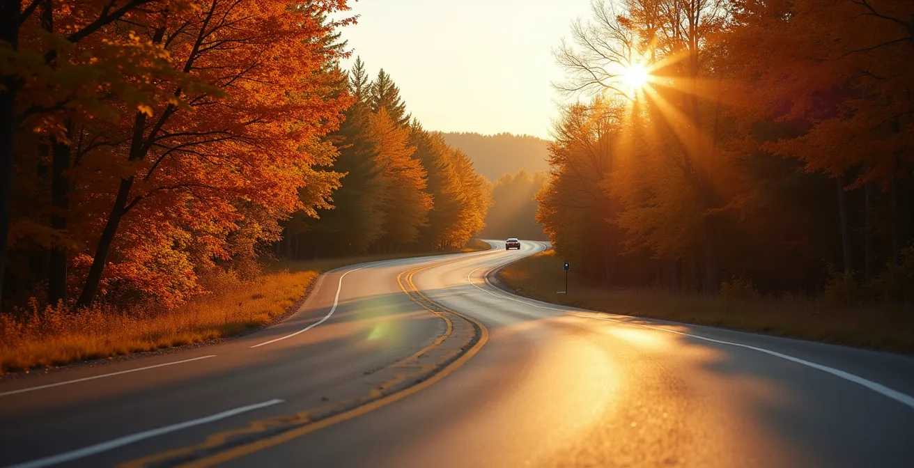 Route nationale québécoise sinueuse en automne avec véhicule au loin