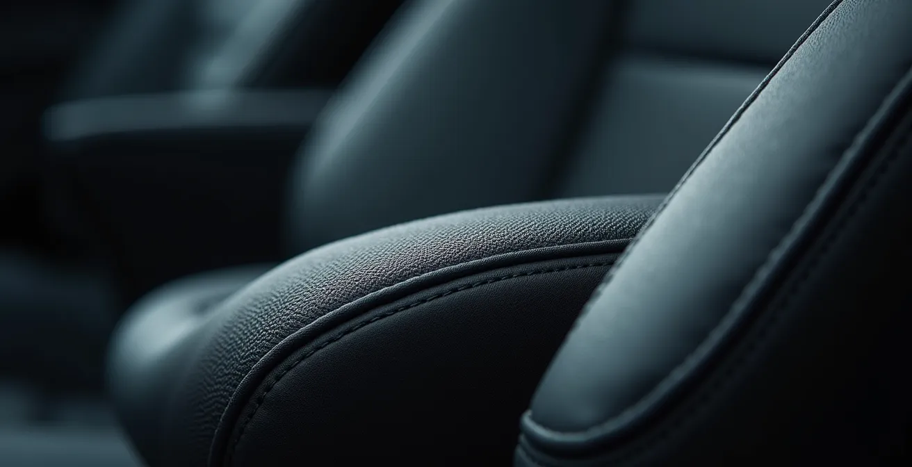 Vue détaillée du côté d'un siège automobile montrant l'emplacement de l'airbag latéral avec des coutures spéciales visibles