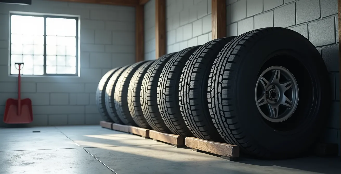 Vue d'ensemble d'un garage québécois organisé avec des pneus d'été correctement stockés dans des housses