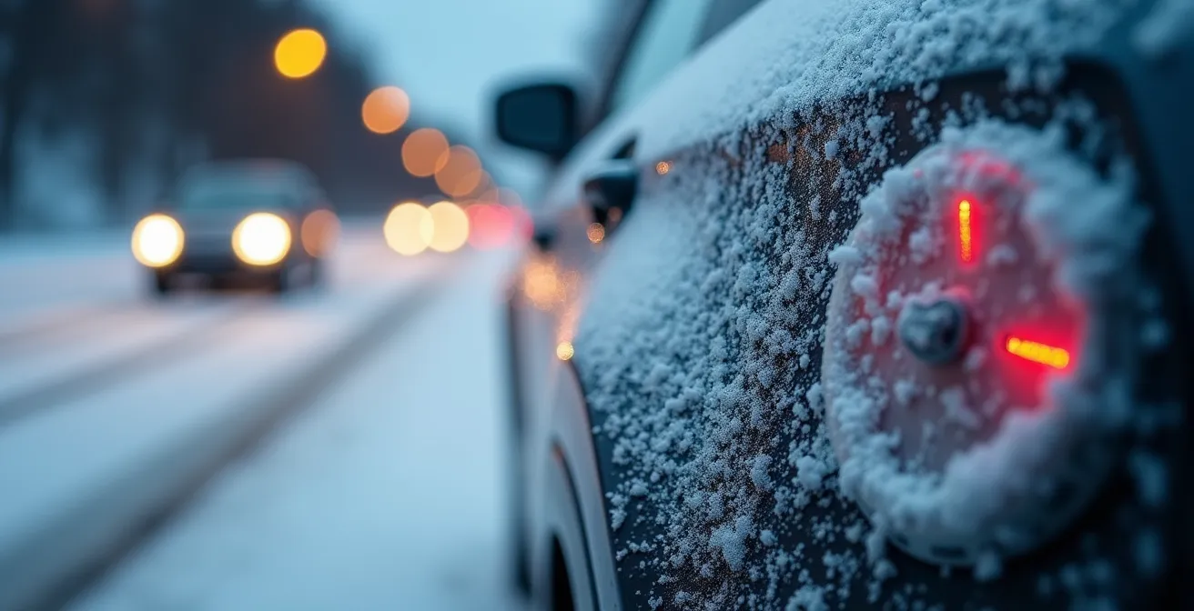 Capteur d'angle mort recouvert de neige et calcium sur un véhicule en hiver québécois