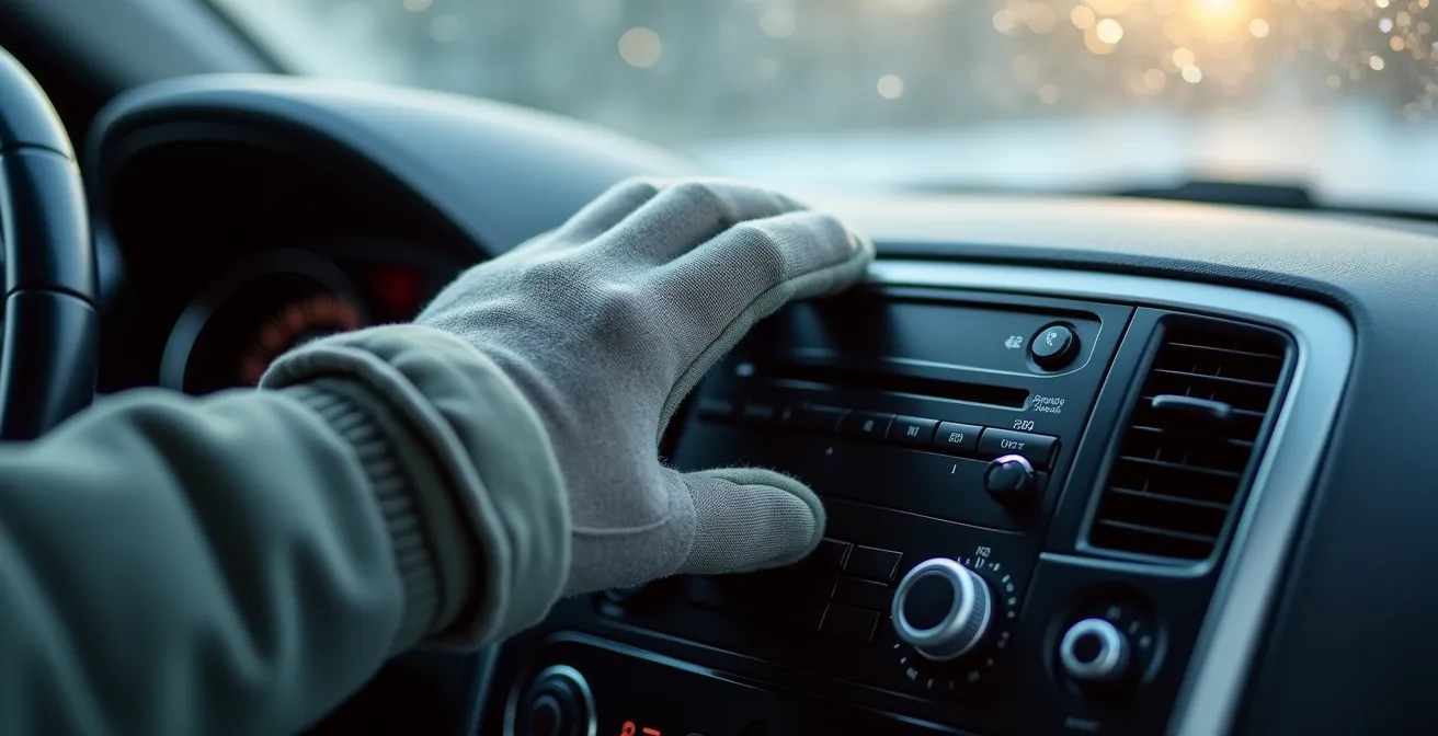 Main gantée ajustant les commandes de climatisation sur un tableau de bord, simulant un test en conditions hivernales.