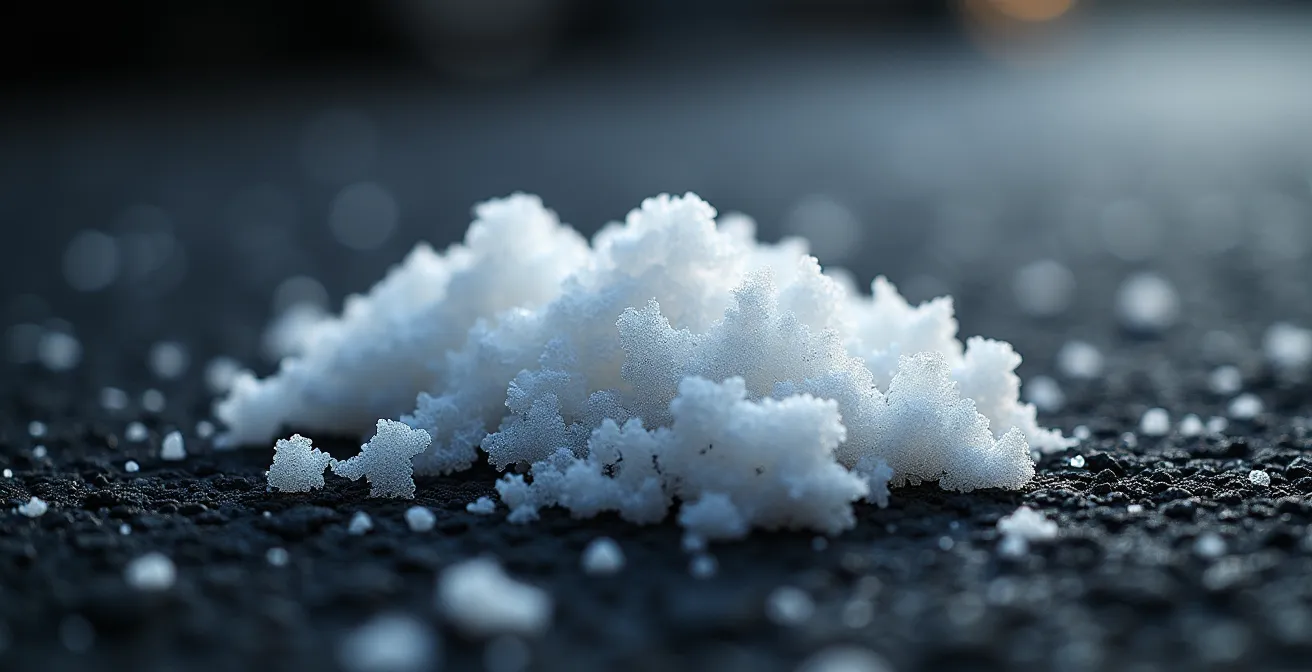 Gros plan macro sur les cristaux de sel de calcium incrustés dans les fibres d'un tapis automobile