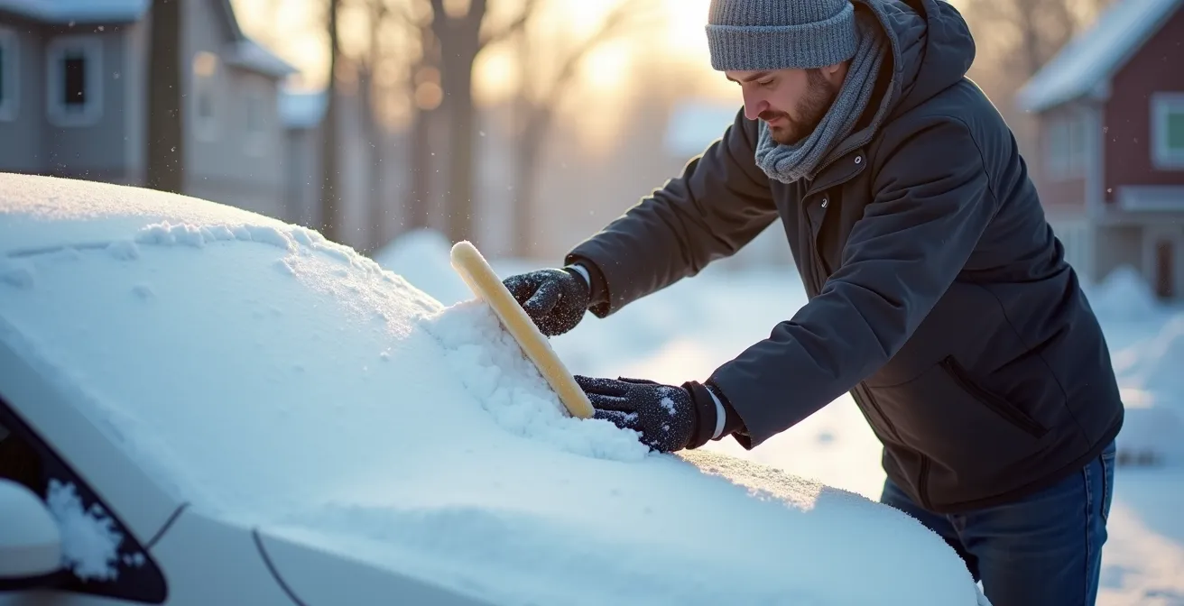 Personne utilisant correctement un balai à neige en mousse EVA sur un véhicule enneigé