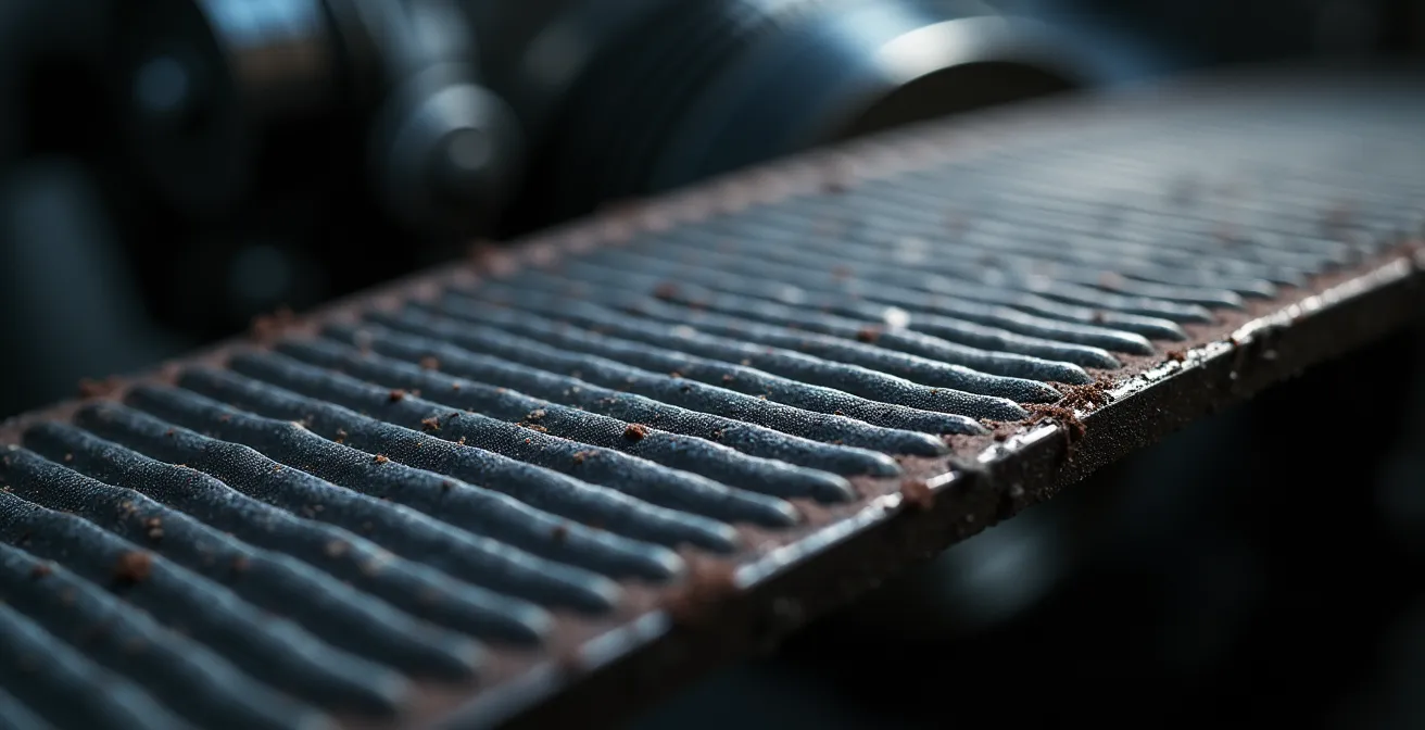 Vue macro détaillée d'une courroie de transmission CVT montrant l'usure