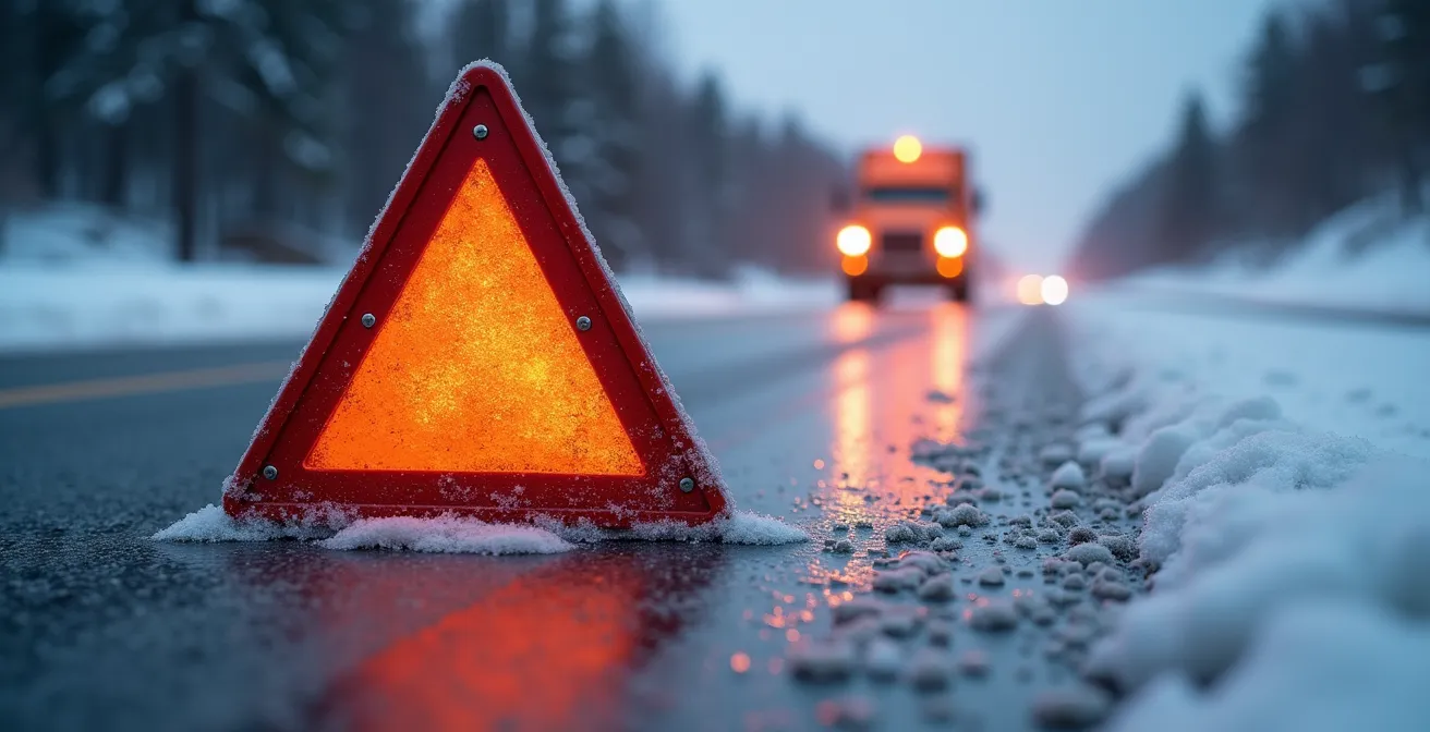 Gros plan d'un triangle de sécurité réfléchissant posé sur l'accotement enneigé avec véhicule flou en arrière-plan