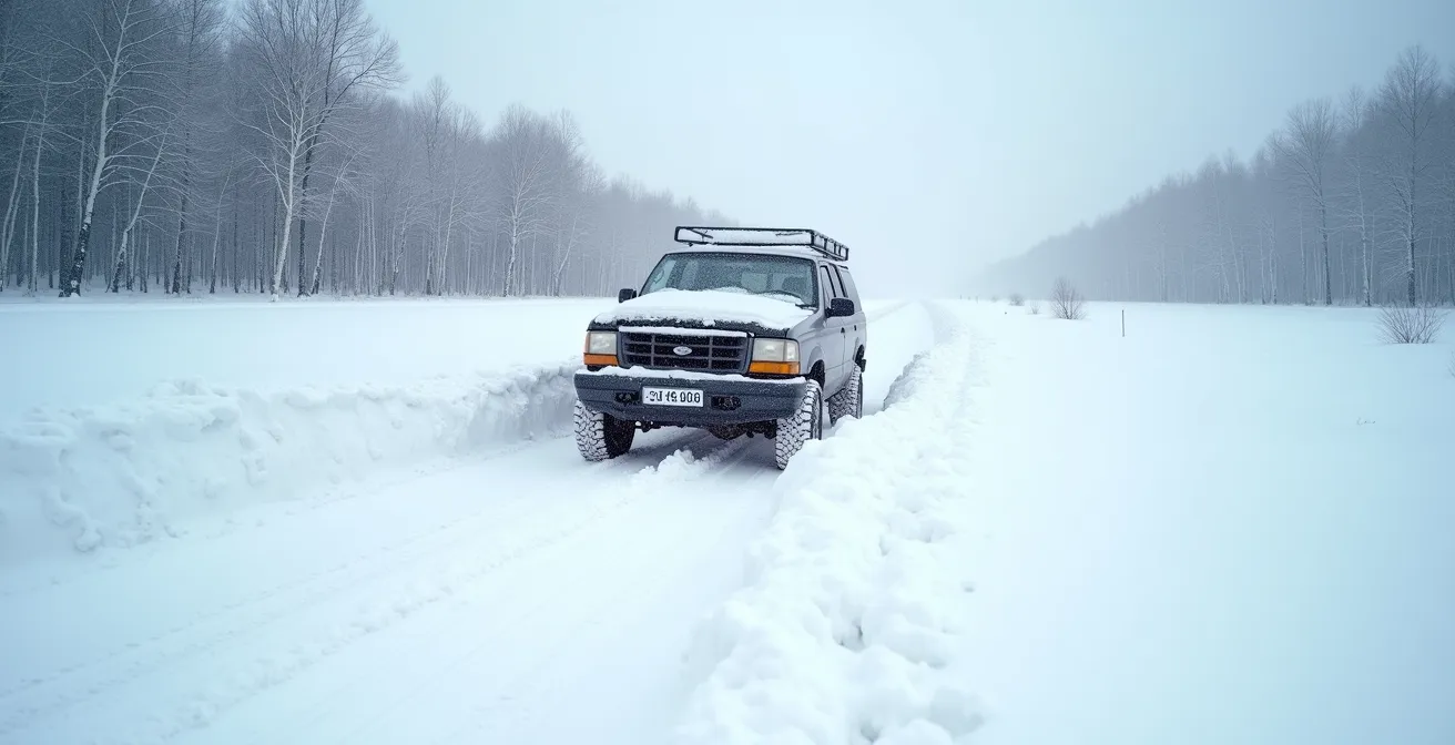 Voiture coincée dans un banc de neige avec traces de pneus visibles dans la neige profonde