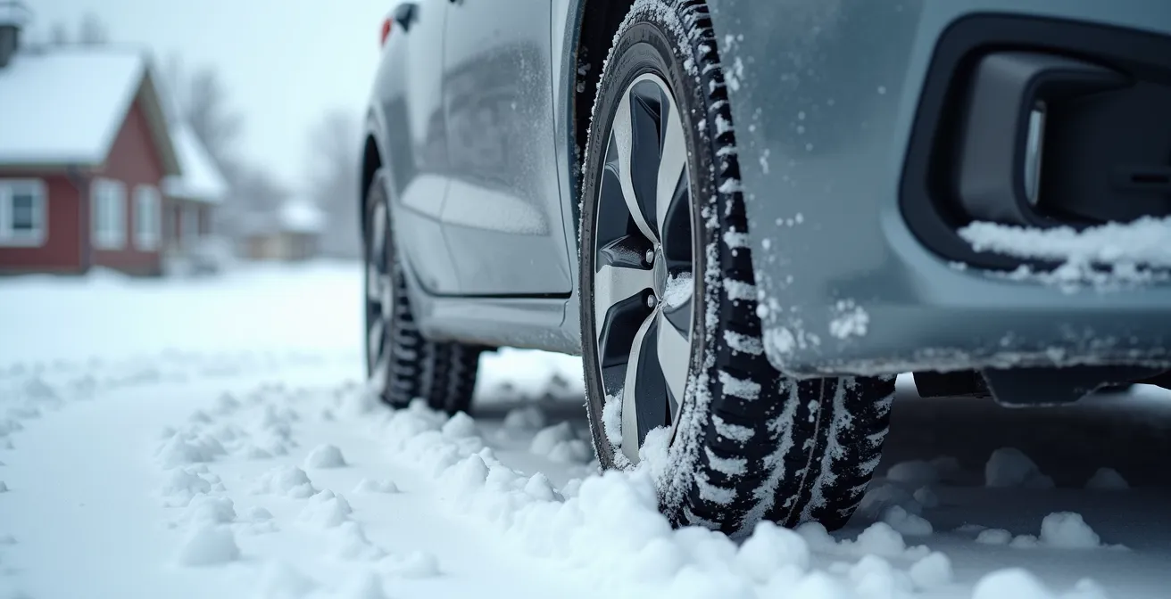 Vue large d'une voiture stationnée dans un environnement hivernal québécois avec accumulation de glace et sel visible
