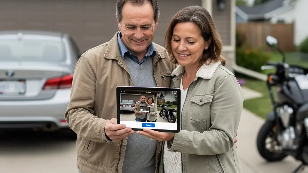 Couple québécois discutant devant leur garage avec auto et moto visibles en arrière-plan