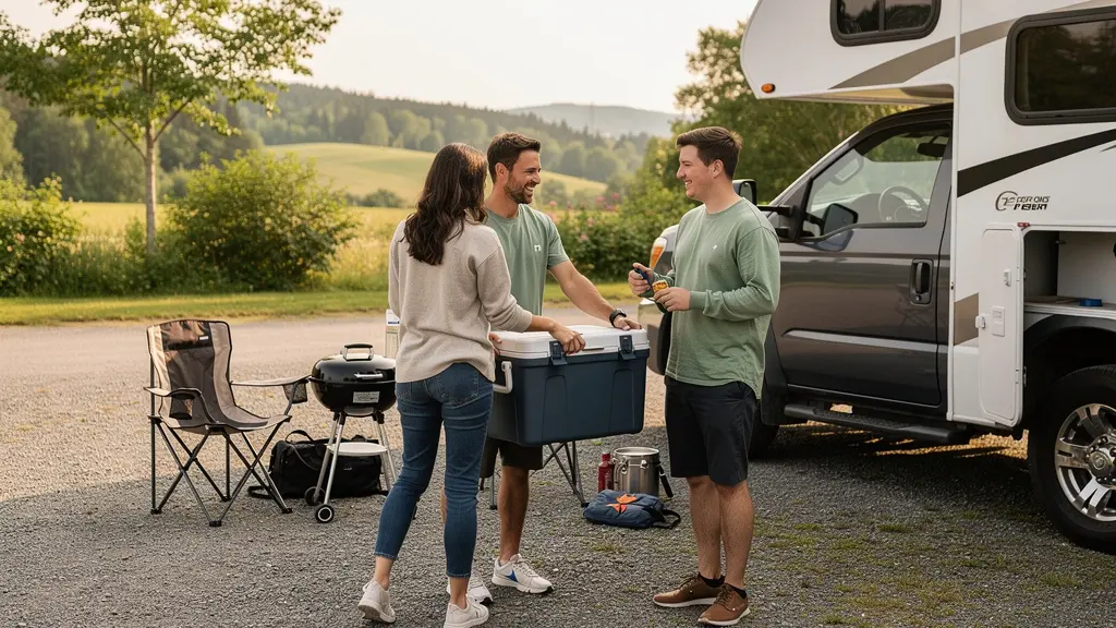 Famille québécoise préparant leur véhicule récréatif pour un voyage, chargement de glacière dans un stationnement