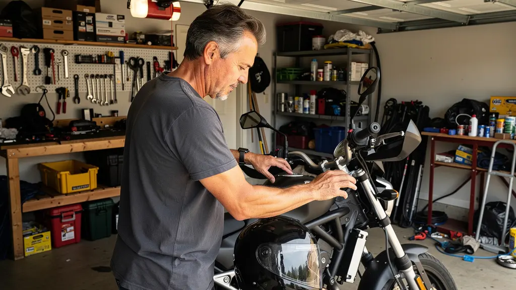 Motocycliste québécois inspectant sa moto dans un garage résidentiel avec casque posé à côté
