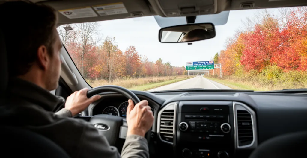 Vue over-shoulder d'un conducteur approchant d'un poste frontalier Canada-États-Unis