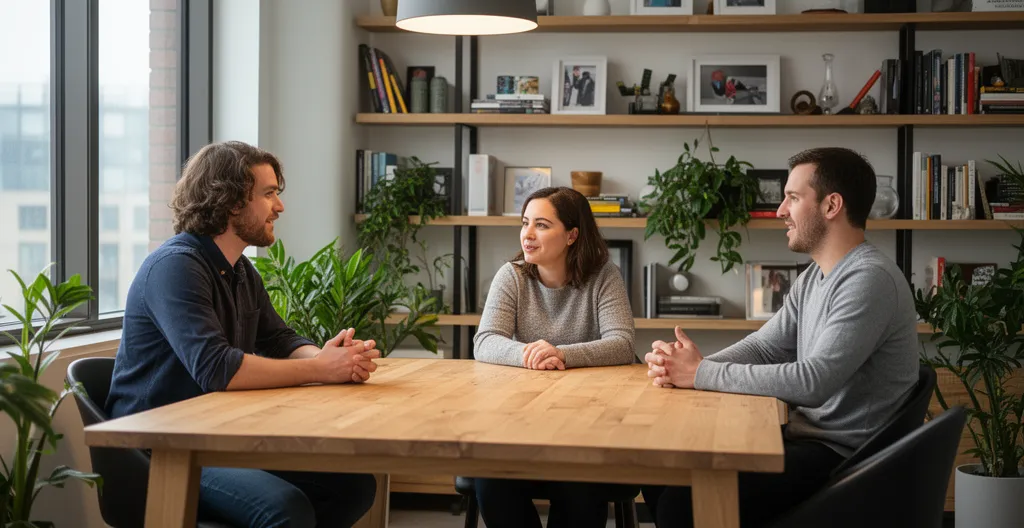 Couple québécois en discussion avec une professionnelle de l'assurance dans un bureau moderne