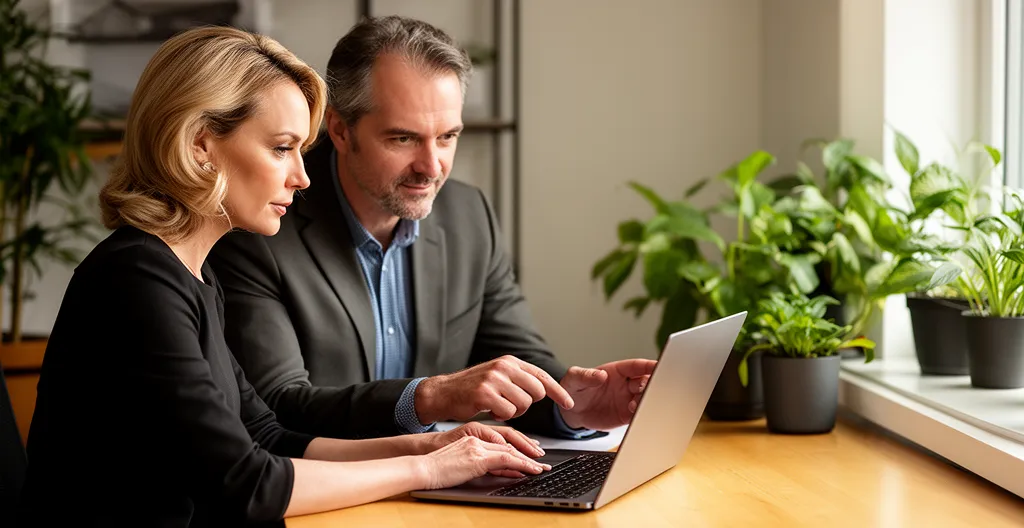 Courtière en assurance discutant avec un client devant un écran d'ordinateur