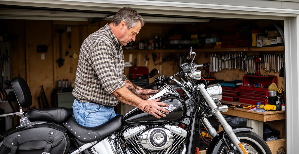 Motocycliste inspectant sa moto dans un garage résidentiel au printemps