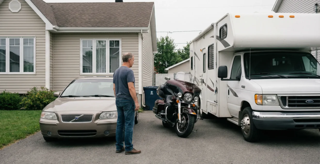 Propriétaire québécois contemplant ses trois véhicules stationnés dans son entrée résidentielle