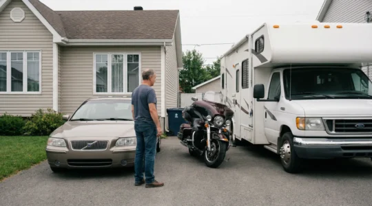 Propriétaire québécois contemplant ses trois véhicules stationnés dans son entrée résidentielle